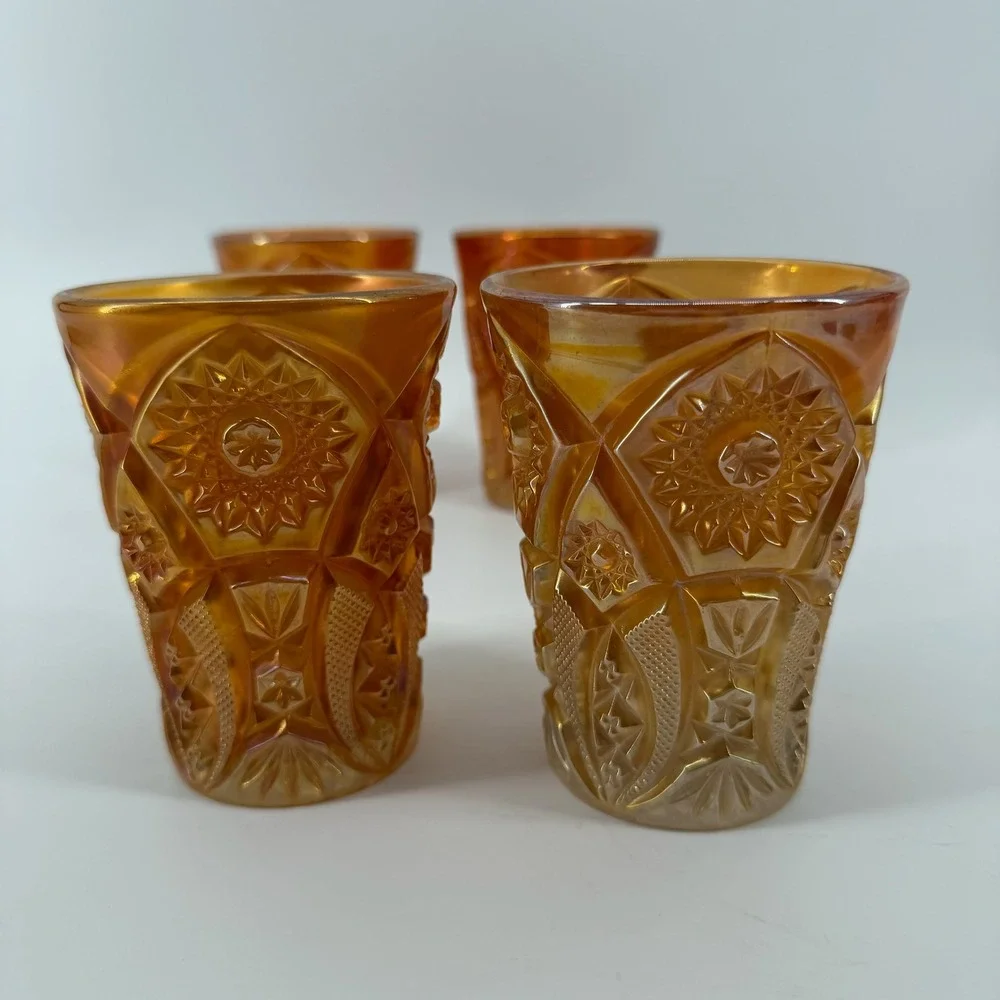 L.E. Smith Marigold Carnival Glass Daisy Button Juice Tumblers Set of‎ 4 4in